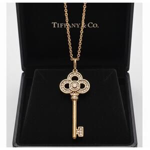 Tiffany & Co. 18k Yellow Gold Diamond Key Pendant Necklace with Box
